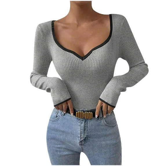 Oplxuo Women's Sweetheart Neckline Top Color Block Long Sleeve T Shirts Ribbed Knit Tee Tops