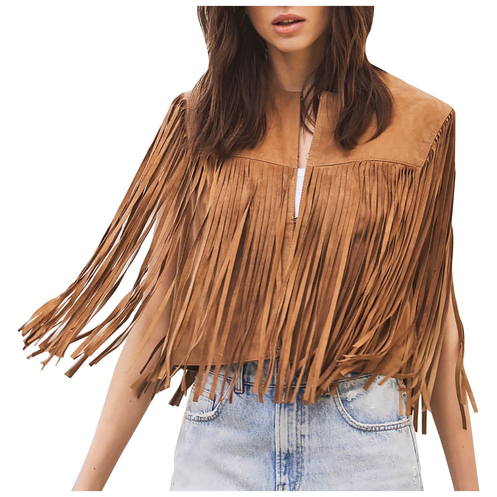 FRINGE VEST SET SUEDE JACKET ブラウンM Oplxuo Women's Tassel Fringe Vest Sleeveless Suede Open