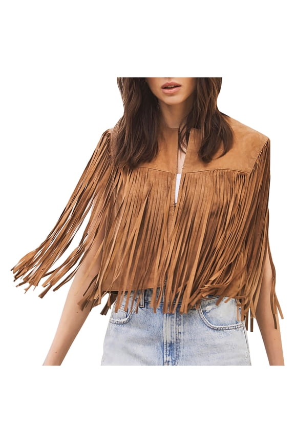 Women's Tassel Fringe Vest Sleeveless Suede Open Front Cardigan 70s Hippie Western Jacket
