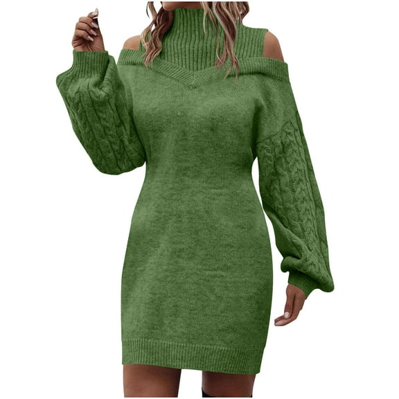 Oplxuo Women's Turtleneck Long Sleeve Dress Cold Shoulder Casual Knit Sweater Knee Length Dress Fall Trendy Short Dresses