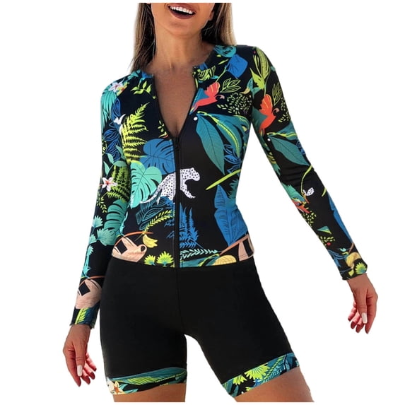 Oplxuo Women's Two Piece Rash Guard UPF50+ Sun Protection Long Sleeve Zip Front Swimsuit Top with Boyshorts Swim Shirt
