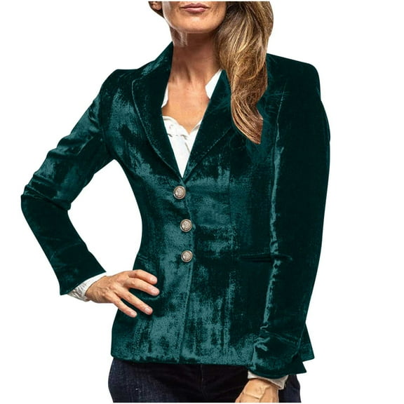 Oplxuo Women's Velvet Blazer, Classic Notched Lapel Casual Button Down Long Sleeve Suit Jacket Outerwear with Pockets