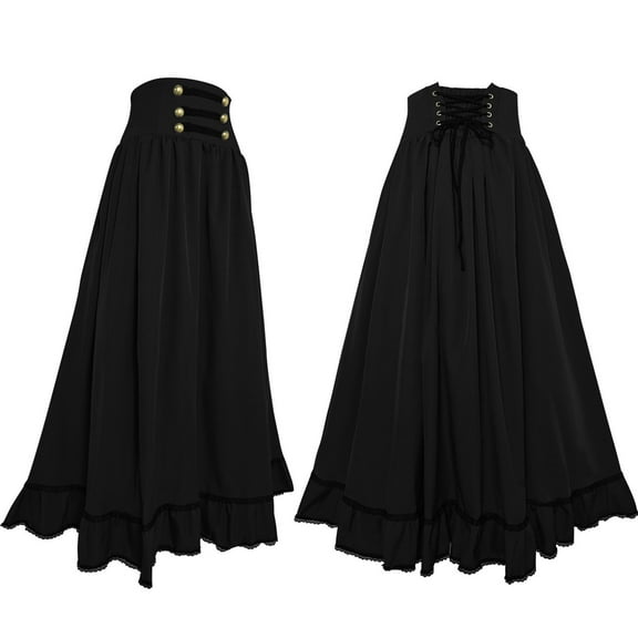 Oplxuo Women's Vintage Gothic Court Lace Up Patchwork Skirt Steampunk Medieval Renaissance Victorian A-Line Pirate Skirts