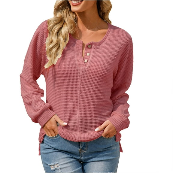 Oplxuo Women's Waffle Knit Casual Pullover Tops 2025 Fall Solid Loose Long Sleeve Button Up V Neck Henley Shirts