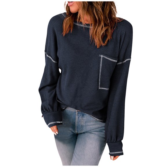 Oplxuo Women's Waffle Knit Long Sleeve T-Shirt 2025 Fall Loose Casual Crewneck Pullover Sweatshirts Tops