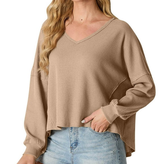 Oplxuo Women's Waffle Knit Shirts Casual Long Sleeve Tops Loose Fit Solid Color V Neck T-Shirt Blouses