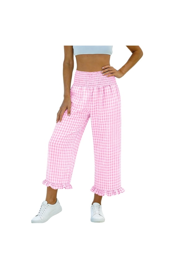 Women's Wide Leg Gingham Crop Pants Ruched Elastic Waisted Plaid Bottoms Flowy Ruffle Hem Trousers with Pockets
