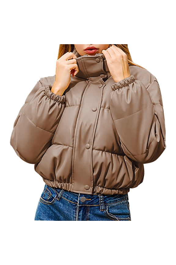Women's Winter Coats Stand Up Collar PU Faux Leather Puffer Jackets Padded Down Lightweight Warm Outerwear