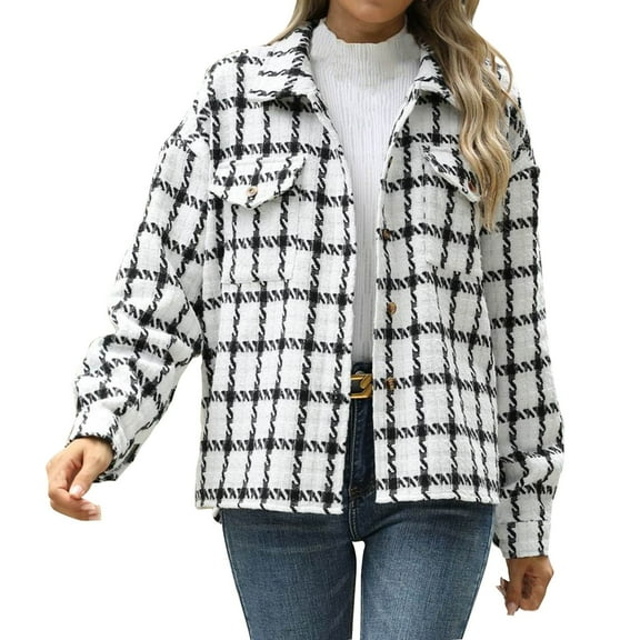 Oplxuo Women's Wool Blend Plaid Jackets Lapel Button Down Loose Outerwear Fall Winter Casual Trench Coats