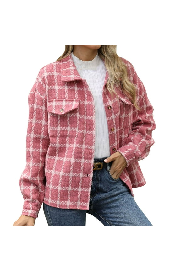 Women's Wool Blend Plaid Jackets Lapel Button Down Loose Outerwear Fall Winter Casual Trench Coats