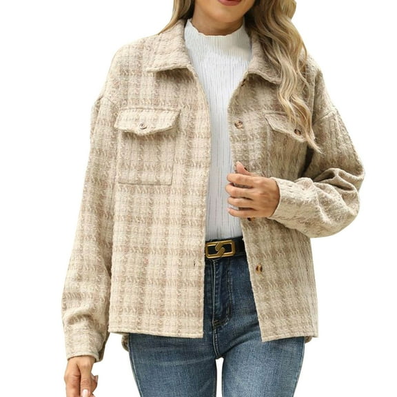 Oplxuo Women's Wool Blend Plaid Jackets Lapel Button Down Loose Outerwear Fall Winter Casual Trench Coats