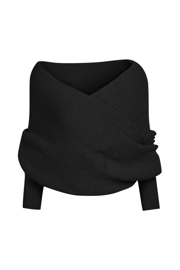 Women's Wrap V Neck Cropped Sweaters Shawl, 2024 Fall Long Sleeve Cross Front Off Shoulder Solid Knitted Pullover Tops