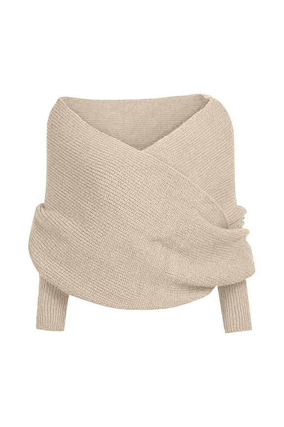 Women's Wrap V Neck Cropped Sweaters Shawl, 2024 Fall Long Sleeve Cross Front Off Shoulder Solid Knitted Pullover Tops