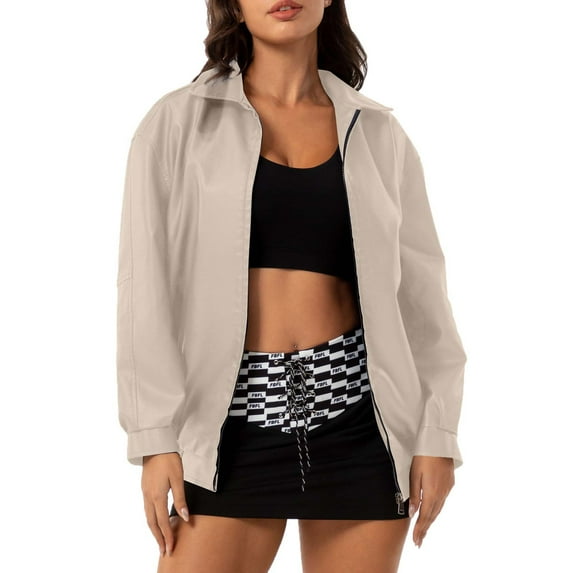 Oplxuo Women's Zip Up Faux Leather Jacket, Chic Lapel Loose Fit Casual PU Moto Bike Coat Outwear with Pockets
