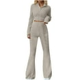 thumbnail image 1 of Oplxuo Womens 2 Piece Outfits Ribbed Knit Matching Lounge Sets Long Sleeve Collar V Neck Crop Top Flare Pants Tracksuits, 1 of 5