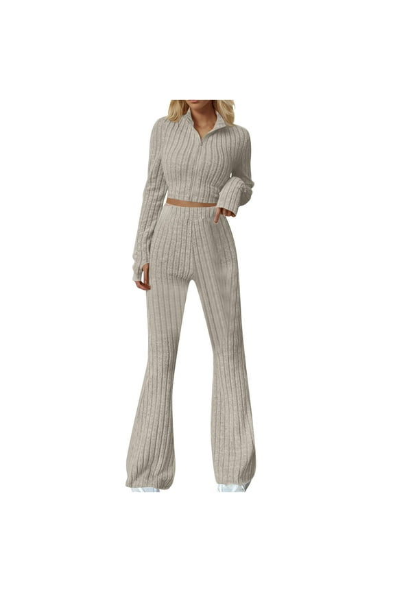 Womens 2 Piece Outfits Ribbed Knit Matching Lounge Sets Long Sleeve Collar V Neck Crop Top Flare Pants Tracksuits