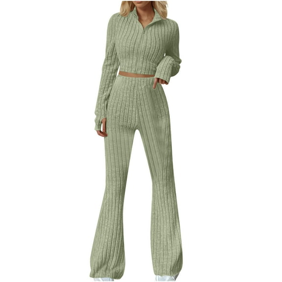 Oplxuo Womens 2 Piece Outfits Ribbed Knit Matching Lounge Sets Long Sleeve Collar V Neck Crop Top Flare Pants Tracksuits