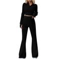 thumbnail image 1 of Oplxuo Womens 2 Piece Outfits Ribbed Knit Matching Lounge Sets Long Sleeve Collar V Neck Crop Top Flare Pants Tracksuits, 1 of 5