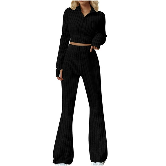Oplxuo Womens 2 Piece Outfits Ribbed Knit Matching Lounge Sets Long Sleeve Collar V Neck Crop Top Flare Pants Tracksuits