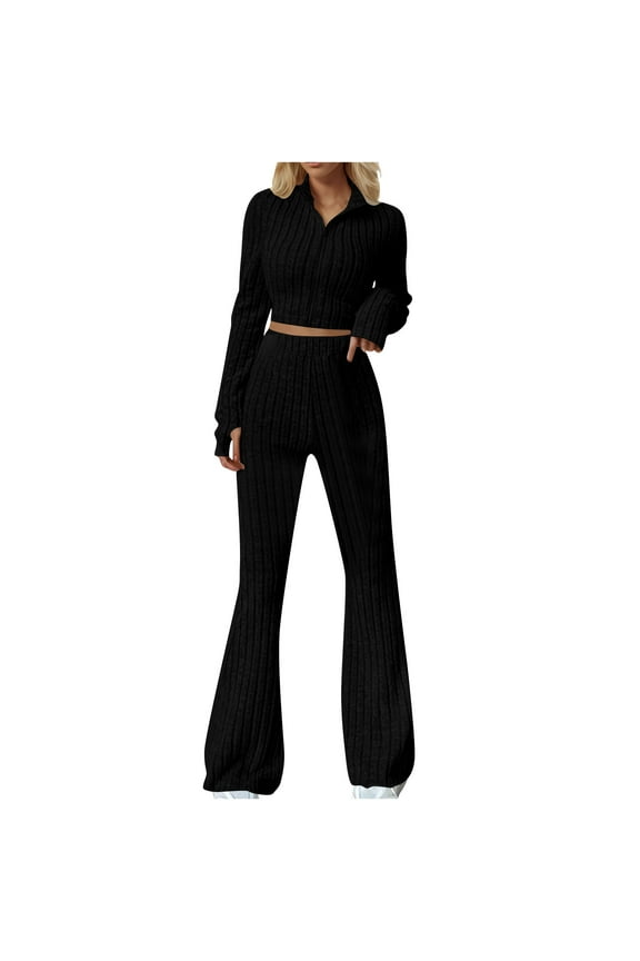 Womens 2 Piece Outfits Ribbed Knit Matching Lounge Sets Long Sleeve Collar V Neck Crop Top Flare Pants Tracksuits