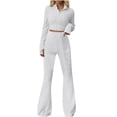 thumbnail image 1 of Oplxuo Womens 2 Piece Outfits Ribbed Knit Matching Lounge Sets Long Sleeve Collar V Neck Crop Top Flare Pants Tracksuits, 1 of 5