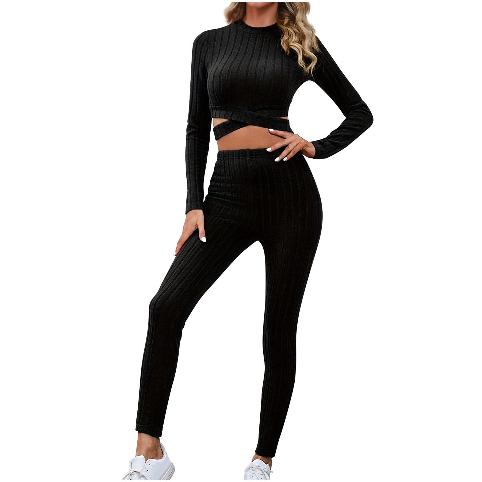 Oplxuo Womens 2 Piece Outfits Ribbed Matching Lounge Sets Sexy Cross ...