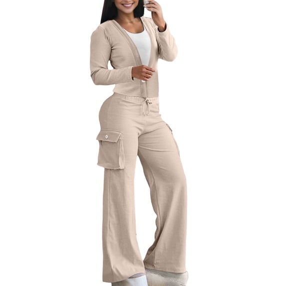 Oplxuo Womens 2 Piece Outfits, V Neck Long Sleeve Crop Cardigans & Wide Leg Cargo Pants Matching Tracksuit Sets with Pockets