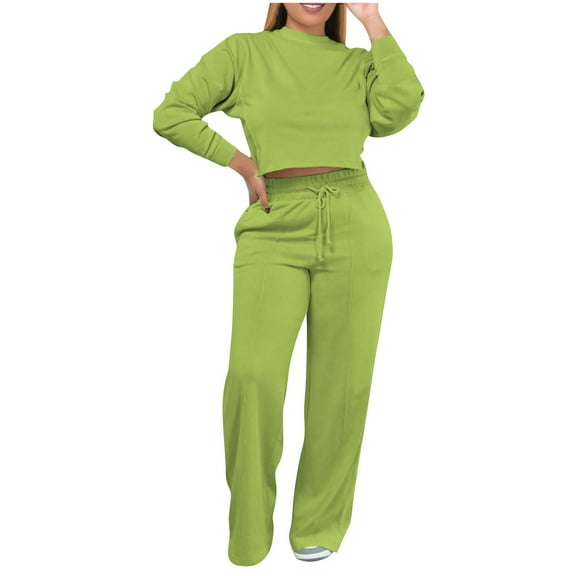 Oplxuo Womens 2 Piece Sweatsuits Crewneck Pullover Cropped Sweatshirt Matching Jogger Pants Fall Winter Tracksuit with Pocket
