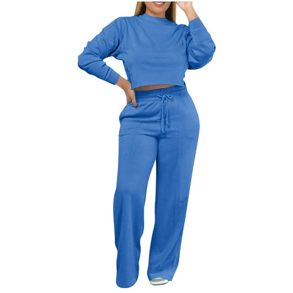 Oplxuo Womens 2 Piece Sweatsuits Crewneck Pullover Cropped Sweatshirt Matching Jogger Pants Fall Winter Tracksuit with Pocket