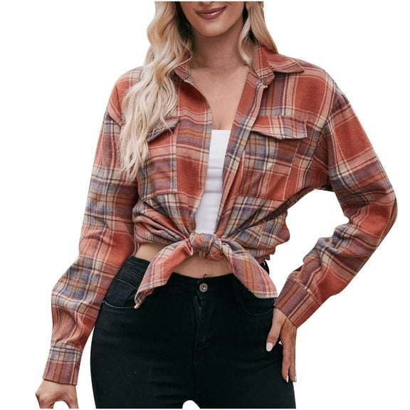 Oplxuo Womens 2025 Fall Classic Plaid Shirts Casual Button Down Long Sleeve Shacket Jacket Loose Blouses Tops