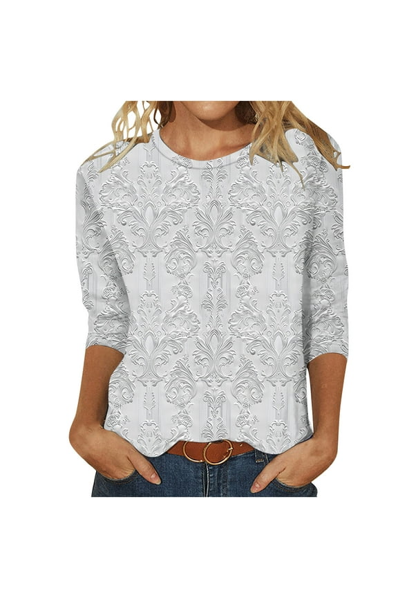 Womens 3/4 Length Sleeve Tops Crewneck Casual Plus Size Fall Shirts Loose Fit Three Quarter Sleeve Blouses