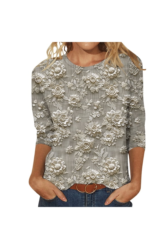 Womens 3/4 Length Sleeve Tops Crewneck Casual Plus Size Fall Shirts Loose Fit Three Quarter Sleeve Blouses