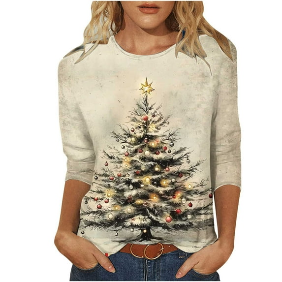 Oplxuo Womens 3/4 Length Sleeve Tops Funny Christmas Graphic 2025 Crew Neck Holiday Tops Pullover