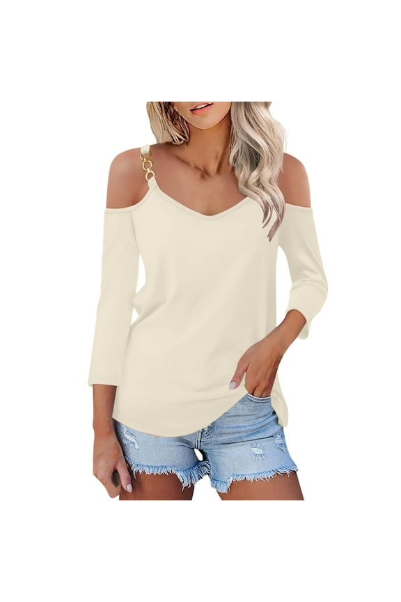 Womens 3/4 Sleeve Cold Shoulder Blouse Dressy Casual Chain Strap V Neck Tunic Shirts Elegant Going Out Work Tops
