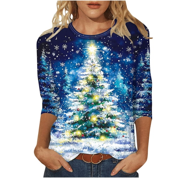 Oplxuo Womens 3/4 Sleeve Crew Neck Christmas T-Shirts Merry Christmas Tree Graphic Tee Holiday Three Quarter Length Tunic Tops