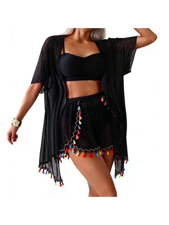 Womens Bikini Set 4 Piece Swimsuits with Cover Ups Kimono and Shorts Summer Beach Vacation Swimwear Bathing Suits