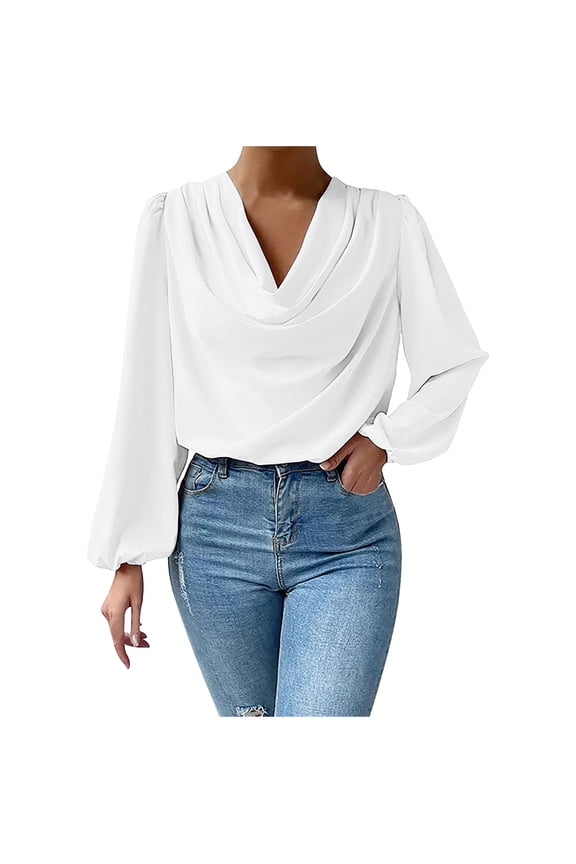 Womens Blouses - Ladies Elegant Long Sleeve V Neck Drape Ruched Front Loose Chiffon Dressy Shirts Work Office Tops