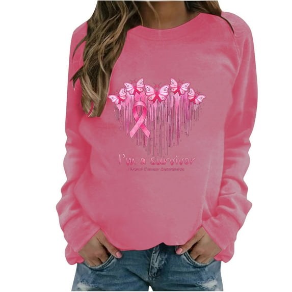 Oplxuo Womens Breast Cancer Awareness Shirts Pink Ribbon Long Sleeve Pullover Crewneck Sweatshirt Breast Cancer Survivor Tops
