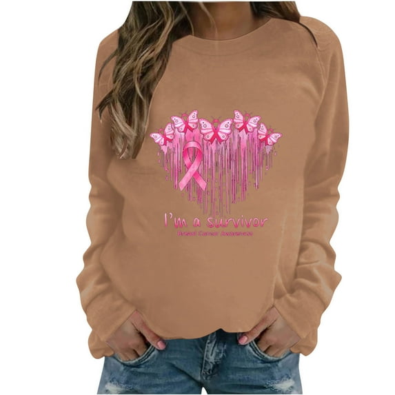 Oplxuo Womens Breast Cancer Awareness Shirts Pink Ribbon Long Sleeve Pullover Crewneck Sweatshirt Breast Cancer Survivor Tops