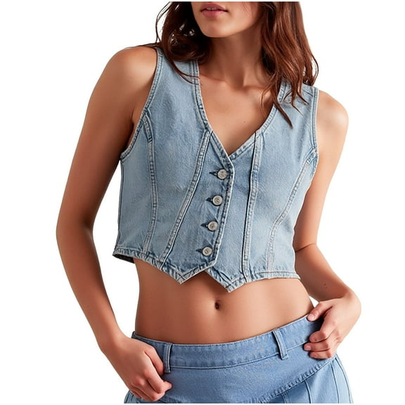 Oplxuo Womens Button Down Denim Vest Sleeveless V Neck Crop Jean Tank Tops Summer Trendy Casual Waistcoat
