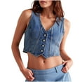 thumbnail image 1 of Oplxuo Womens Button Down Denim Vest Sleeveless V Neck Crop Jean Tank Tops Summer Trendy Casual Waistcoat, 1 of 6