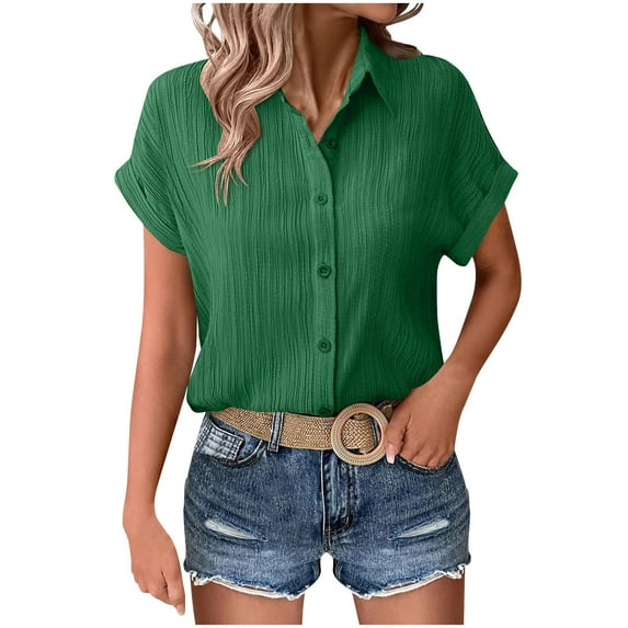 Oplxuo Womens Button Down Shirts Casual Short Sleeve Dress Shirt Textured Collared Summer Work Blouse