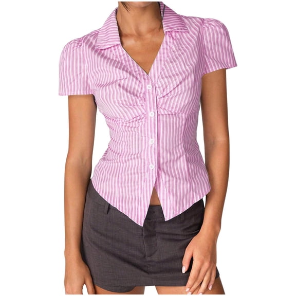 Oplxuo Womens Button Down Shirts Short Sleeve Striped Fitted Dress Shirt Collared Blouse Office Work Top