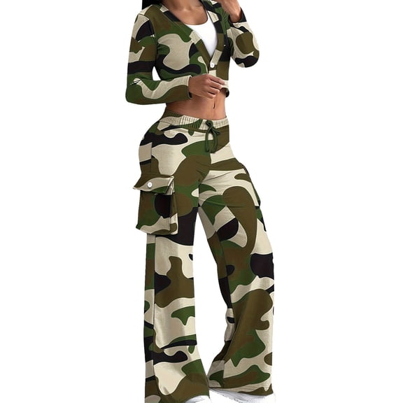 Oplxuo Womens Camouflage Tracksuit Sets Button V Neck Sexy Crop Top Matching Wide Leg Cargo Pants 2 Piece Sweatsuit Outfits