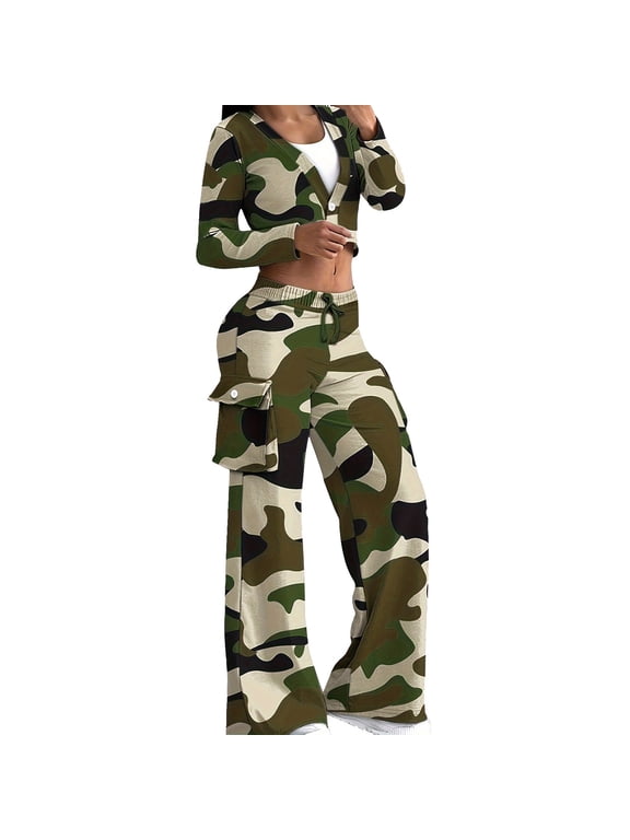 Womens Camouflage Tracksuit Sets Button V Neck Sexy Crop Top Matching Wide Leg Cargo Pants 2 Piece Sweatsuit Outfits