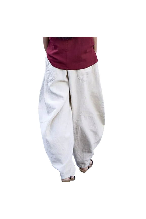 Womens Casual Linen Baggy Pants Elastic Waist Relax Fit Cotton Hippie Gypsy Harem Pant Drop Crotch Yoga Aladdin Pants