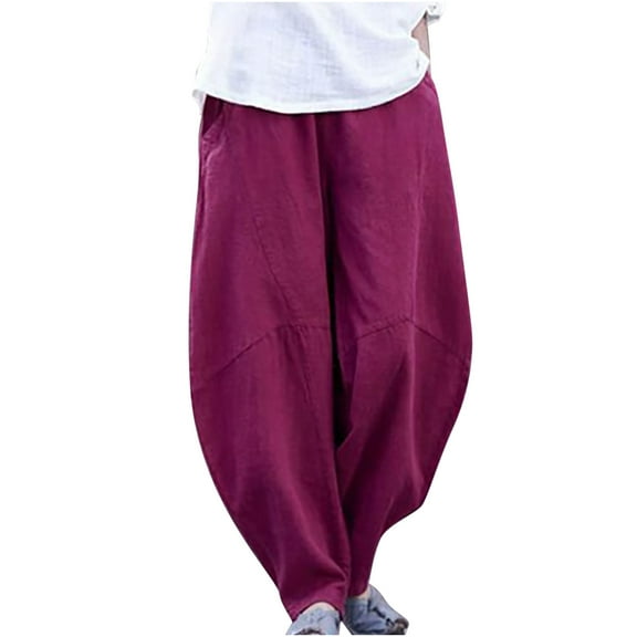 Oplxuo Womens Casual Linen Baggy Pants Elastic Waist Relax Fit Cotton Hippie Gypsy Harem Pant Drop Crotch Yoga Aladdin Pants