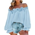 thumbnail image 1 of Oplxuo Womens Casual Off Shoulder Tops Long Sleeve Ruffle Flowy Chiffon Blouses Shirts, 1 of 6