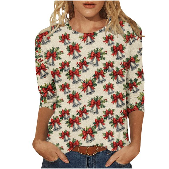 Oplxuo Womens Christmas 3/4 Sleeve Crewneck Shirt Xmas Holiday Funny Graphic Comfortable Tee Winter Family Party Matching Tops