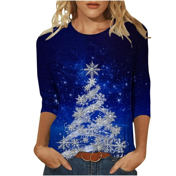 Oplxuo Womens Christmas Shirts Dressy 3/4 Length Sleeve Tops - Funny Christmas Graphic 2025 Crew Neck Holiday Tops Pullover